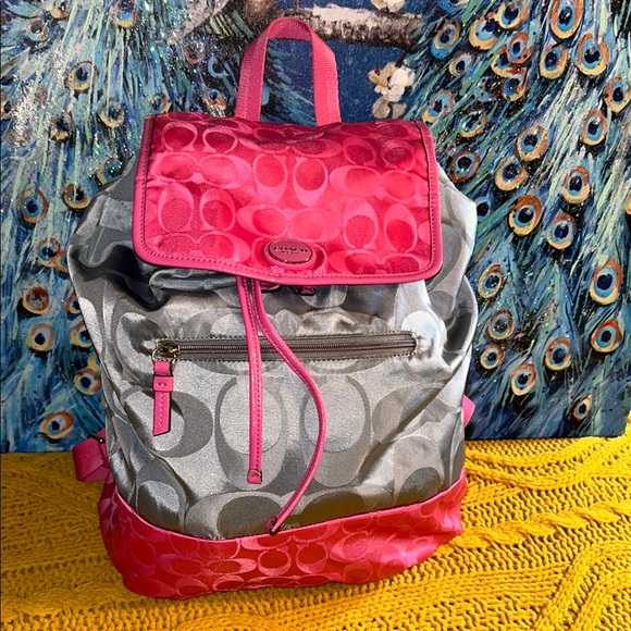 Coach Pink and Gray Monogram Satin Backpack - Picture 1 of 16